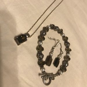 Silver Smoky Quartz Necklace Earrings Bracelet Set